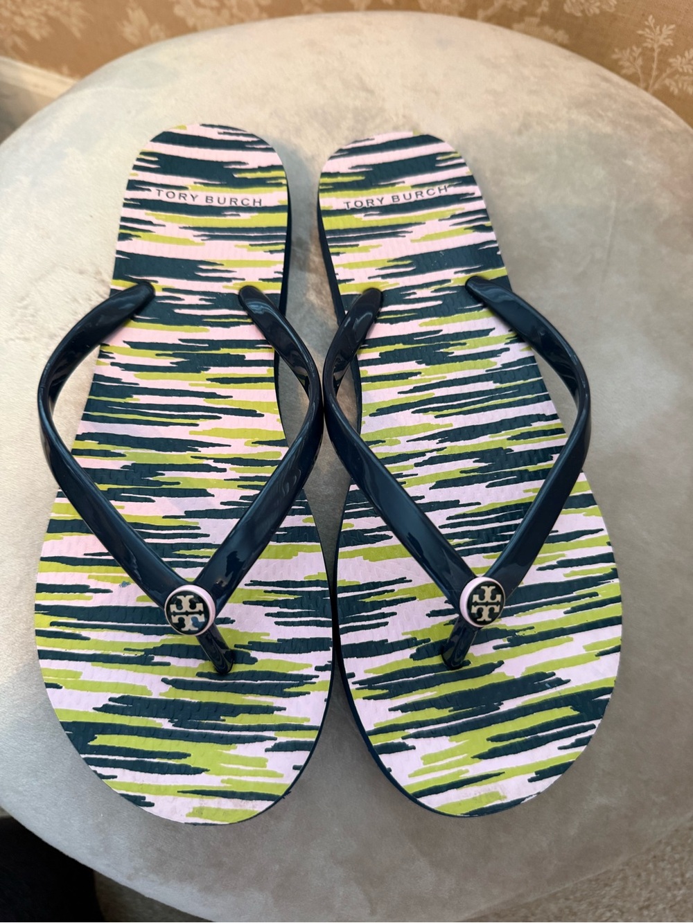 Tory Burch Navy Patent Logo Flip Flops with Pink & Lime Brushstroke